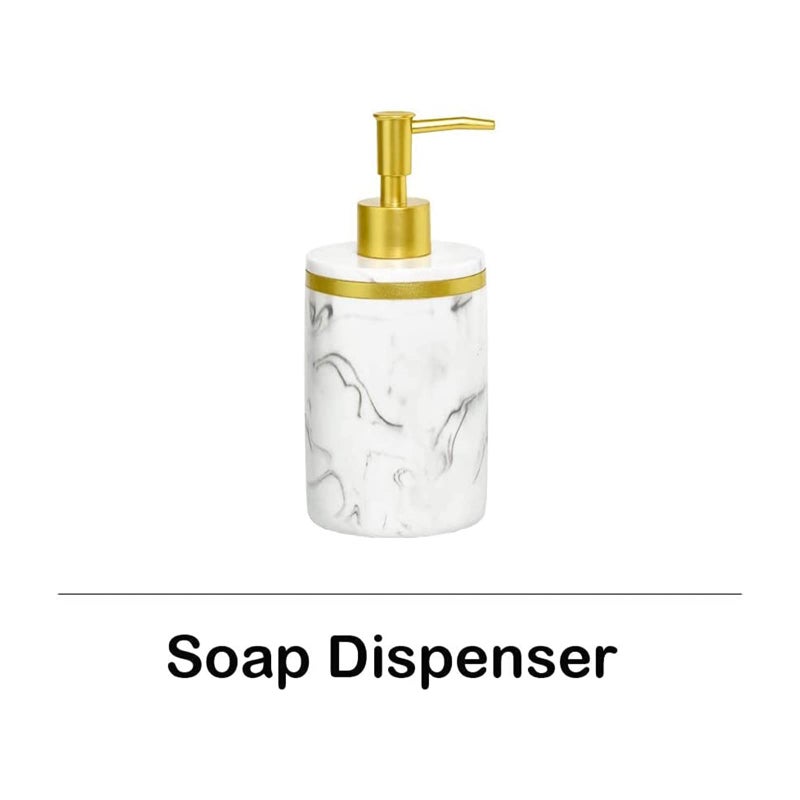 Jung Ford 5-Piece Bathroom Counter Top Accessory Set - Dispenser for Liquid Soap or Lotion, Soap Dish, 2 Tumblers and Toothbrush Holder, Marble Pattern Resin (Classic White) - Image 3